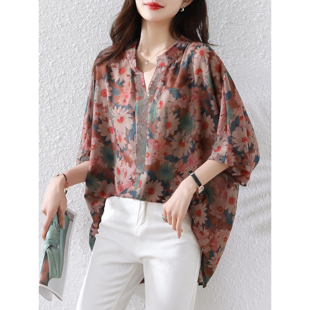 DIMANAF 2025 Summer Women T-Shirt Plus Size Blouse Basic Vintage Loose Oversized Floral Casual Tops Tees