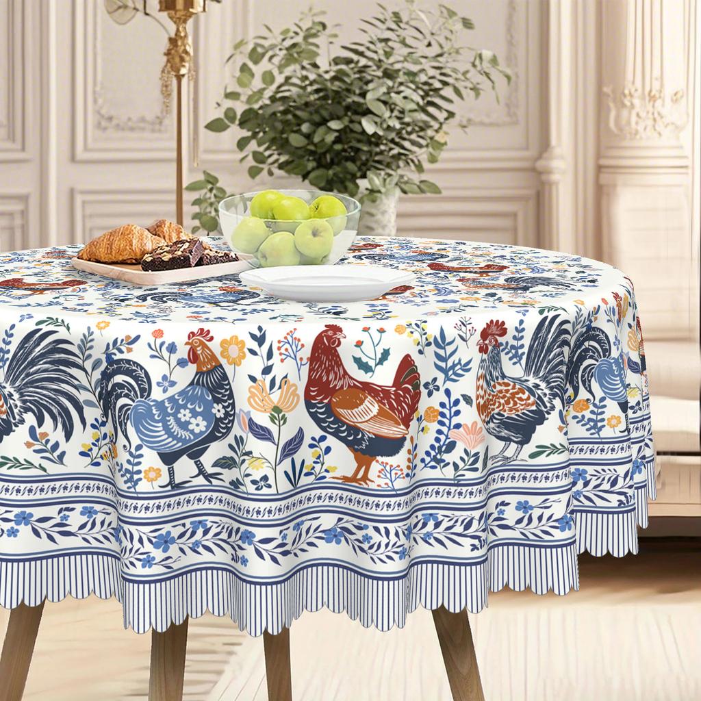 Vintage Cock Printed Tablecloth - Rustic Floral Design With Blue And Brown Accessories, Mechanism Polyester Fabric
