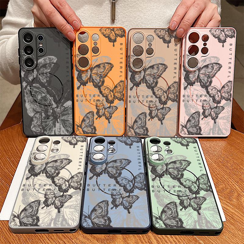 Magnetic For Magsafe Case For Samsung Galaxy S26 Ultra S25 Edge S24 Plus S23 FE S22 A54 A55 A56 5G Retro Butterfly Print Matte Cover