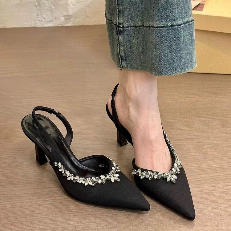 2025 Spring and Autumn New Fashion Versatile High Heels Women's Thin Heels Pointed Baotou Slippers Wear Rhinestones