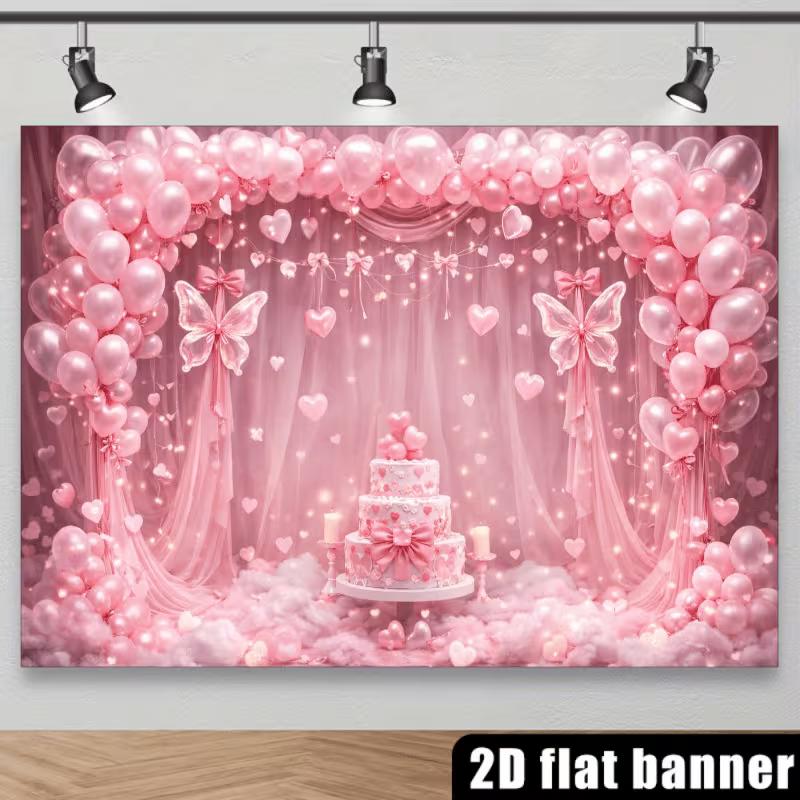 2D Pink Butterfly Happy Birthday Backdrop Heart Balloon Photography Background for Party
