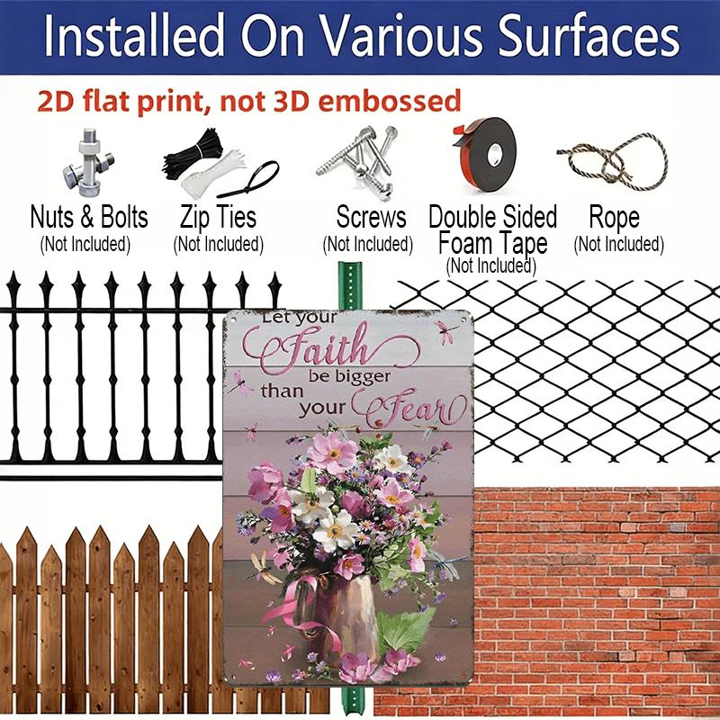 2D Flat, Vintage "Let Your Faith Be Bigger Than Your Fear" Metal Wall Sign - Rustic Dragonfly & Flower Aluminium Decor Suitable for Home, Kitchen
