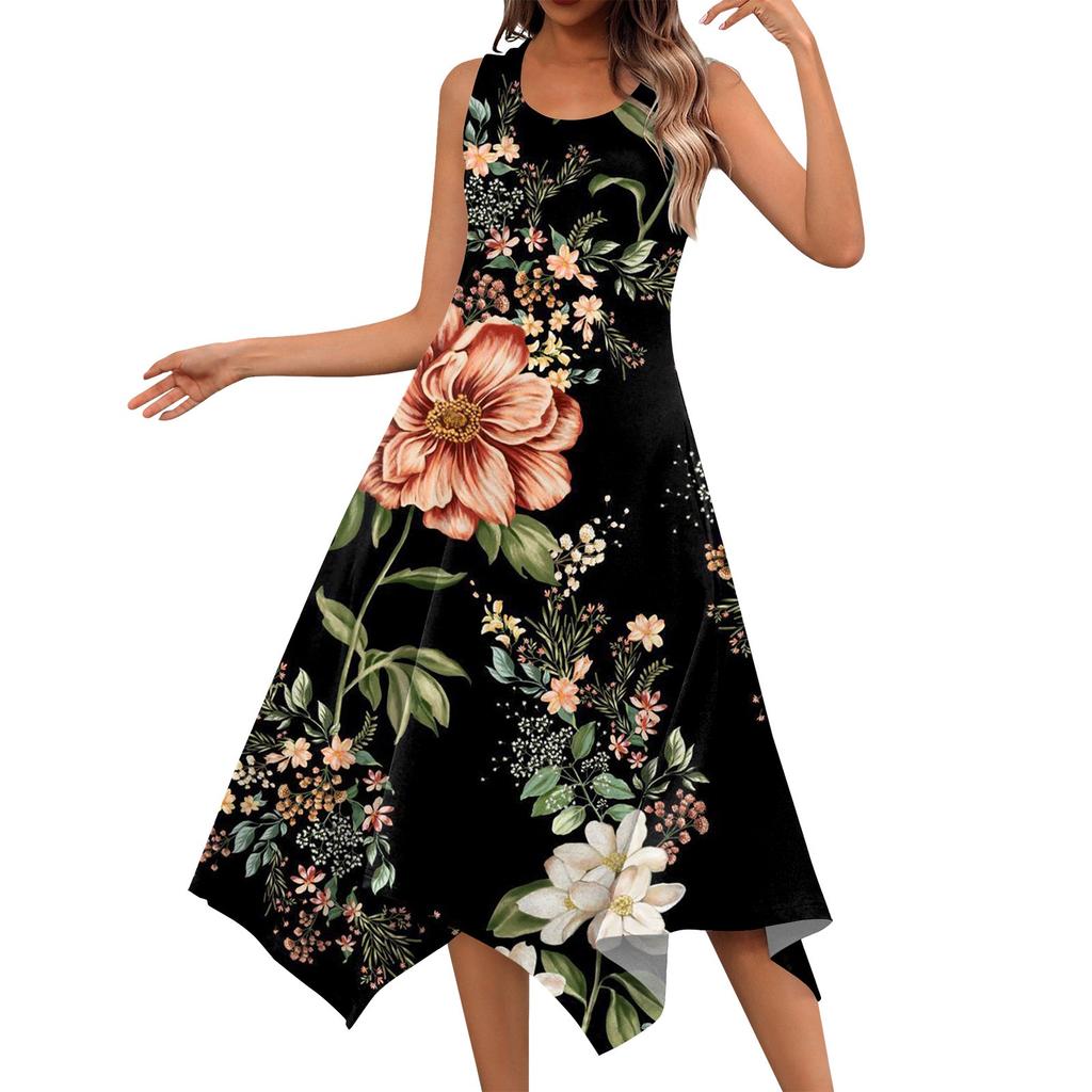 Lässiges, modisches Damen-Midikleid mit Rundhalsausschnitt, ärmellos, Blumendruck, unregelmäßiger Saum