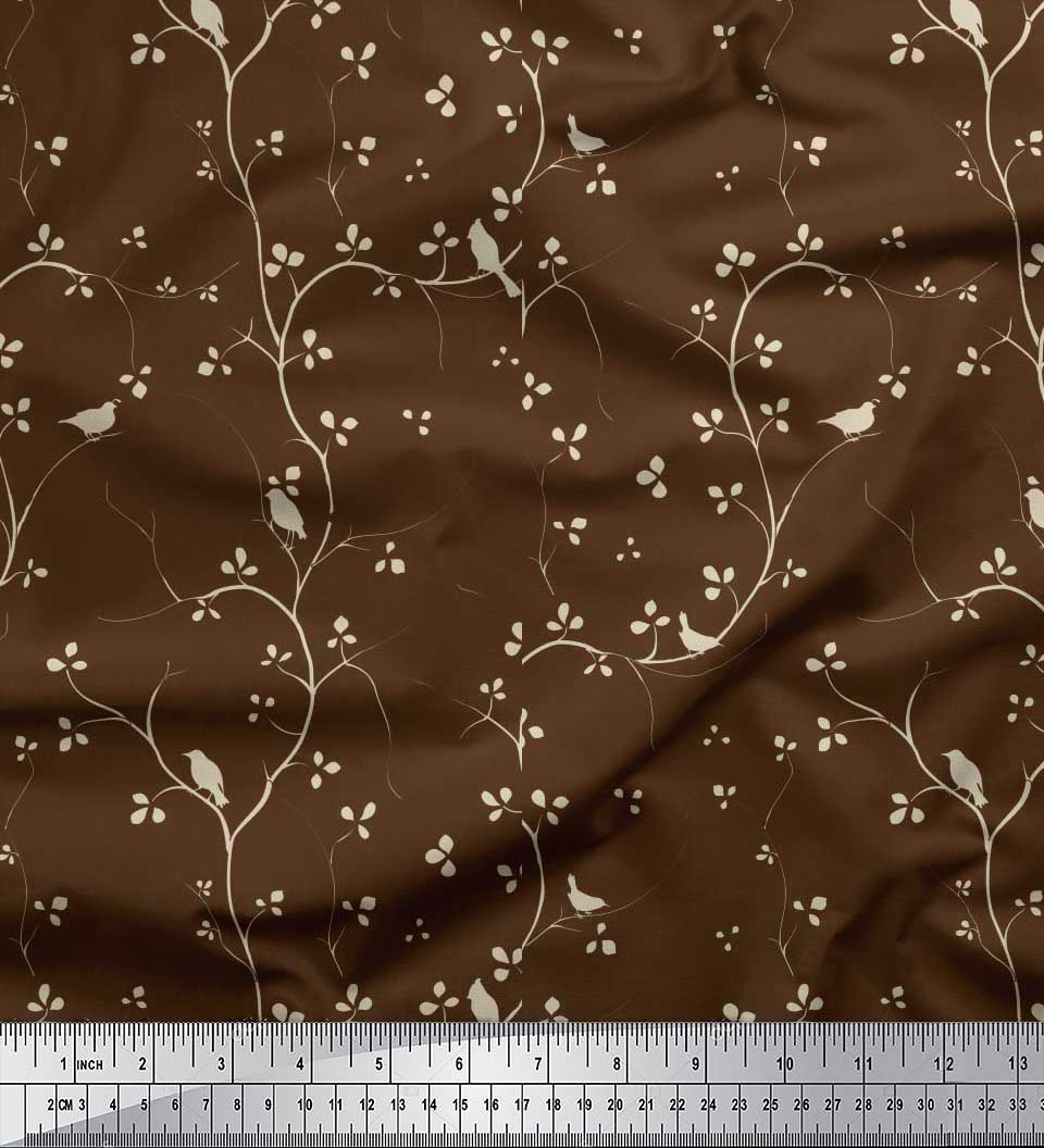 

Японська креп-сатин Soimoi Тканина з принтом гілок, листя та птахів на метри 42 дюйми 42 Inch Wide - Poly Crepe коричневий