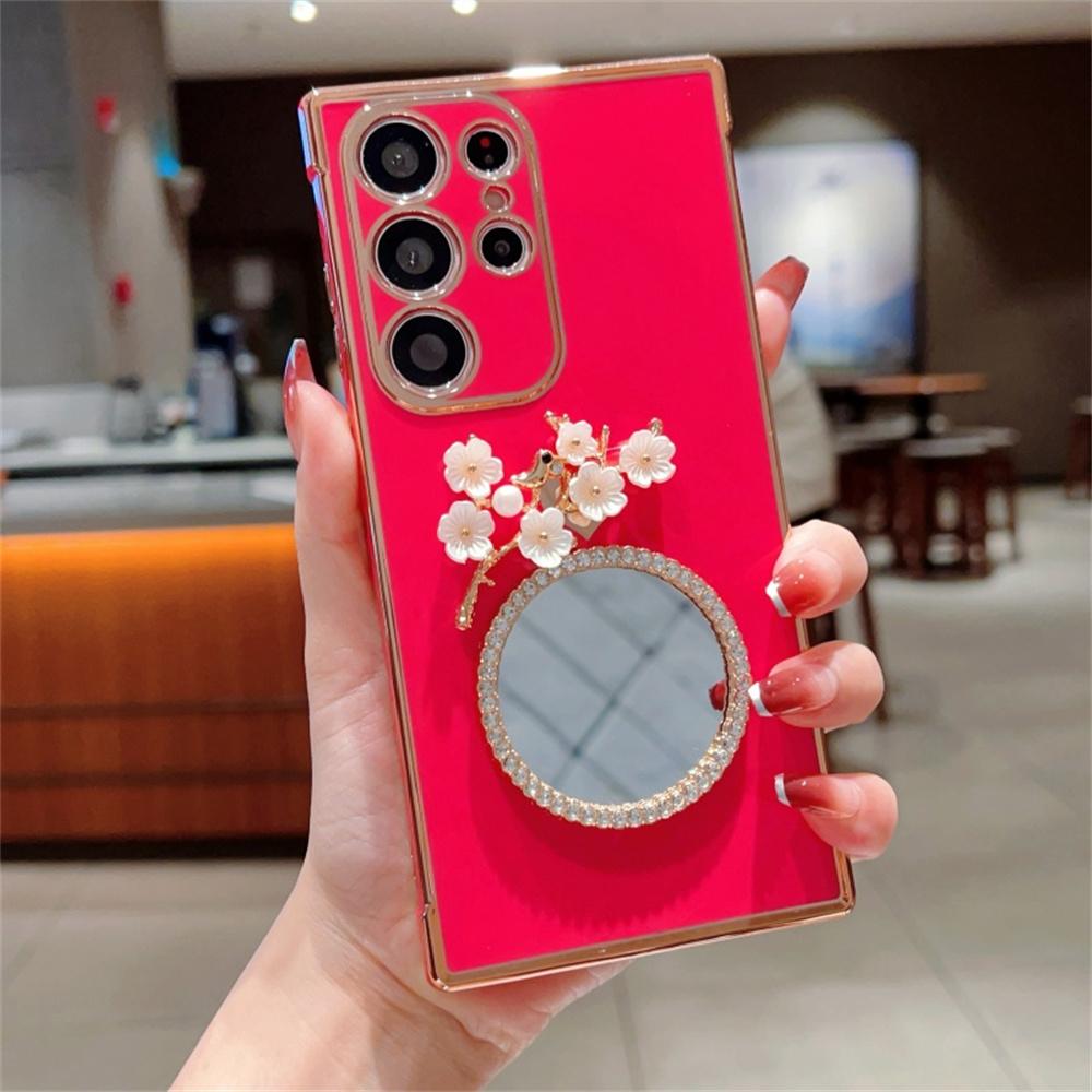 For Samsung Galaxy S24 Ultra Case with Plum Blossom Mirror Electroplating Edge Heart Pattern TPU Phone Cover