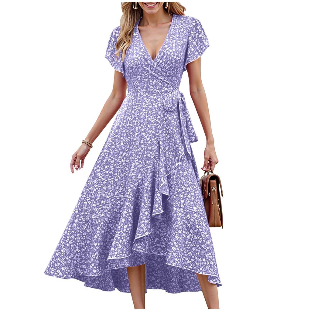 Fashion Women's Floral Print Wrap Midi Dress V-Neck Ruffle Sleeve High Split Summer Sundress
