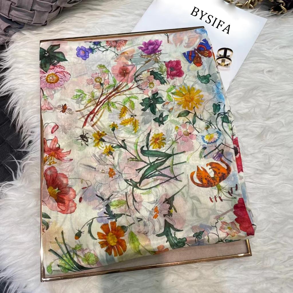 Biały100% Jedwabny Szalik Damskie Szaliki Bufandas Letnie Plażowe Szale Foulard Jesień Zima Markowy Wzór Kwiatowy Długie Szaliki na Szyję Hidżaby