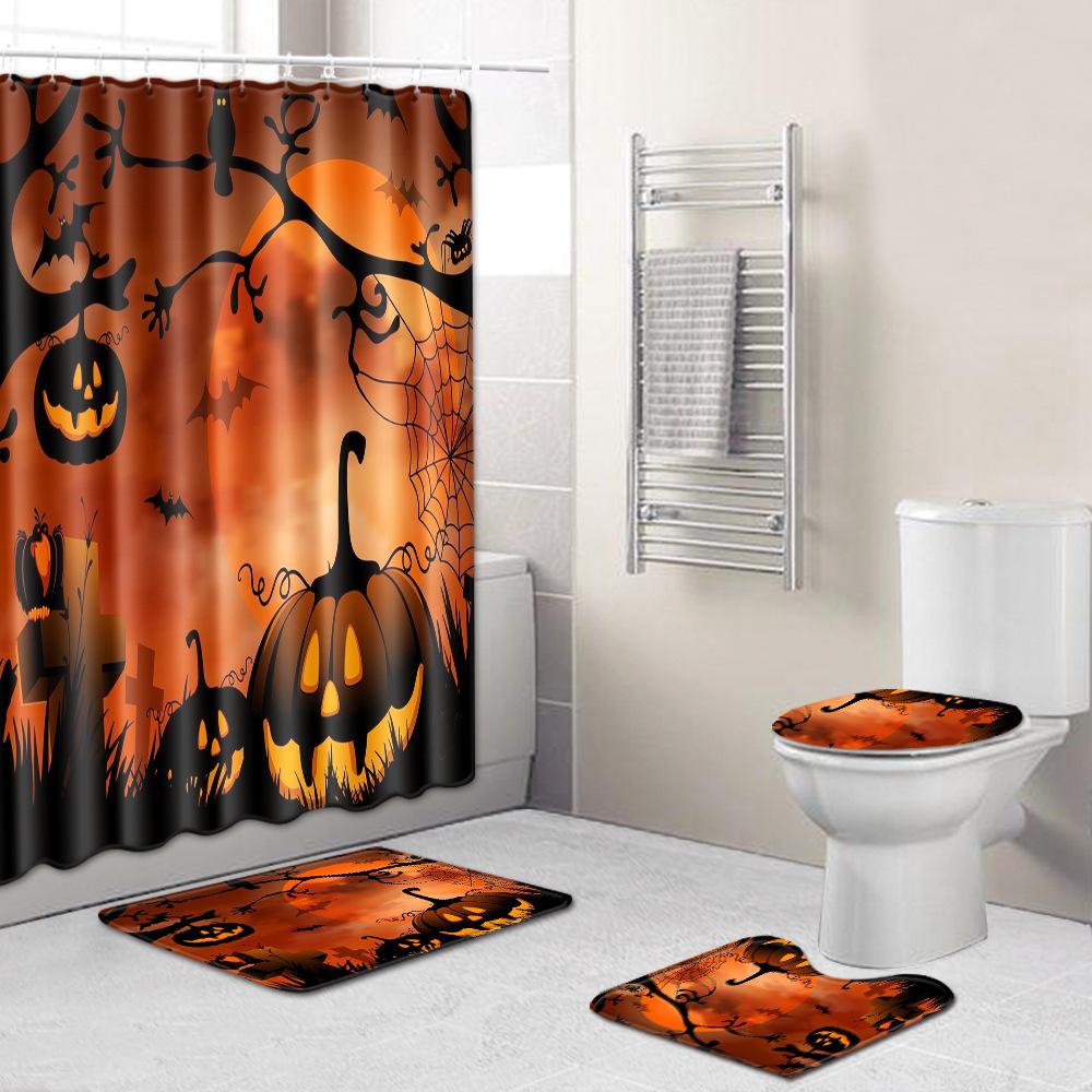 Halloween Bathroom Shower Curtain Floor Mat Combination Four-Piece Set Bathroom Toilet Carpet Door Mat