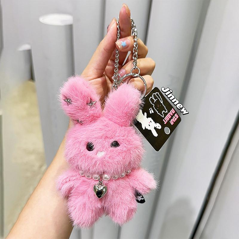 With Rabbit Pearl Necklace Plush Keychain Toy Pendant Cartoon Doll Kids Gift