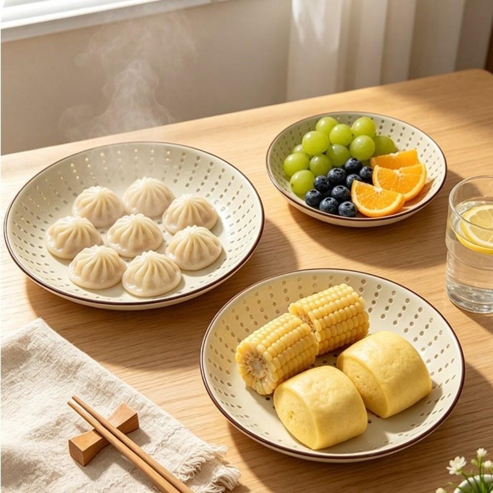 Ceramic Porous Steaming Tray Perforated Drain Plate Creative Dumpling Plate Steamed Bun
