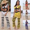 Women's Beach Patchwork Sexy Deep V Lace Up Top Micro Flared Pants Two Piece Set