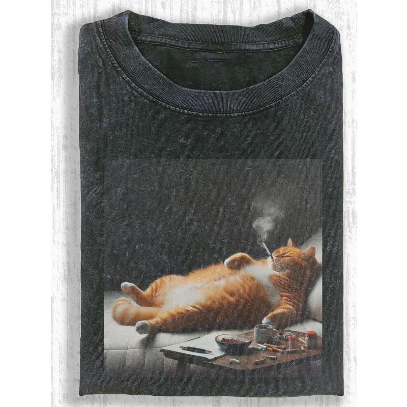 European sizes  Vintage Pure Cotton Printed, Leisurely Cat Printed for Lying on the Sofa, Fun Design, Outdoor Sports, Perfect Gift S чёрный