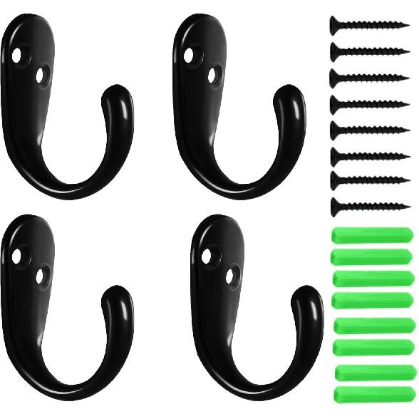 Kruodop 4 Pack Wall Hooks Wall Mounted Coat Hooks for Hanging Heavy Duty, Black Towel Hooks, Metal Single Coat Hanger with Screws Cup Retro for