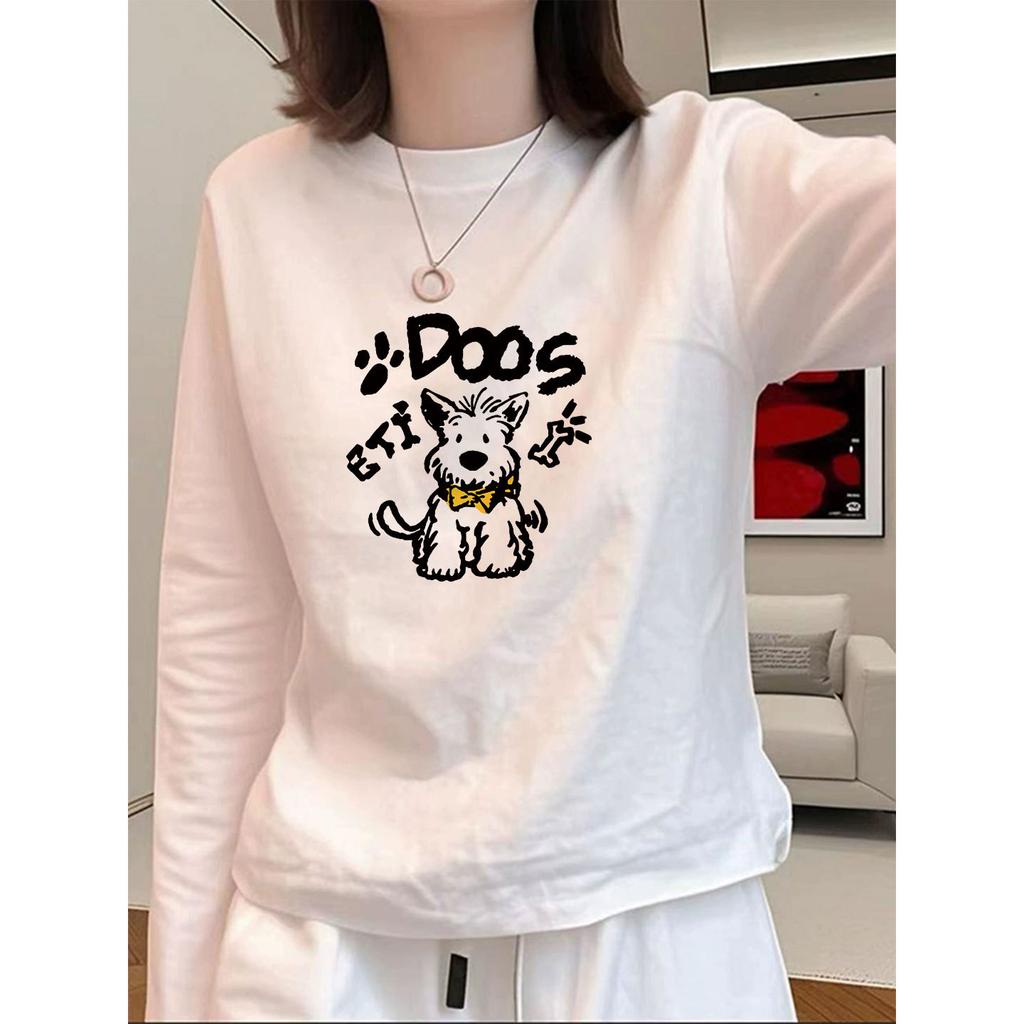 Women's Long Sleeve T-Shirt Crew Neck Fall Winter Casual Cartoon Print Loose Cotton Thermal Lined Base Layer Top