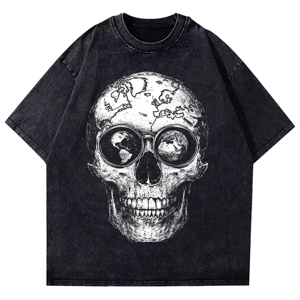 HD0146 Heavyweight Pure Cotton Washed T Shirt Large Skull Printed Graphic T Shirts Drop Shoulder Vintage Oversized T Shirt