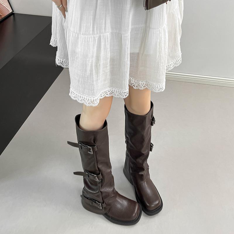Inner heightening boots Female grape mother Same thick-soled belt buckle Long tube Spice girl trouser boots Western knight boots Autumn models