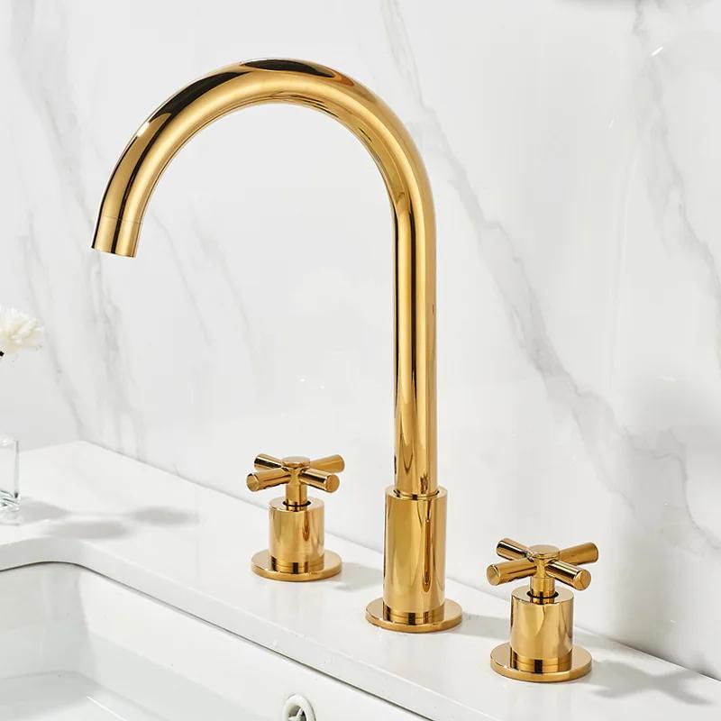 Black Basin Faucets Brass Polished Chrome Deck Mounted Bathroom Sink Faucets 3 Holes Double Handles Hot And Cold Water Tap Gold