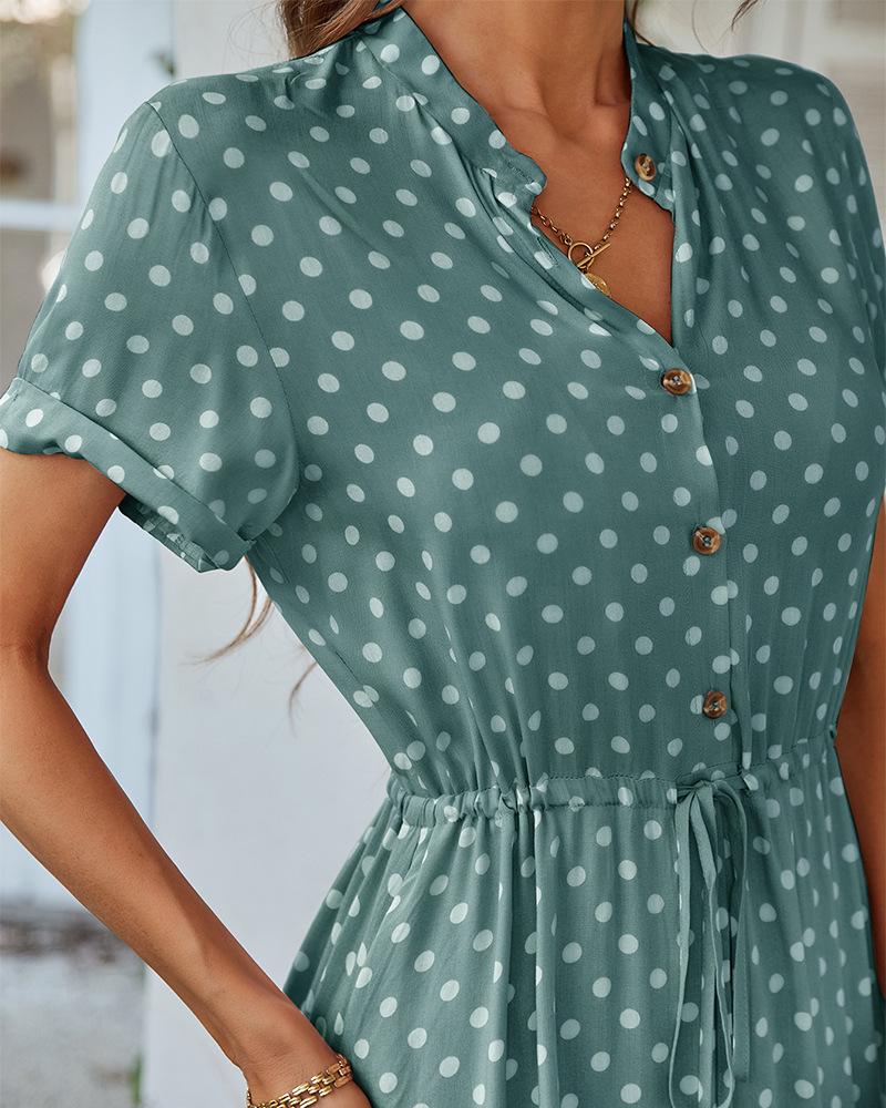 European Polka Dot Mori Girl Dress - 2024 Summer Collection: Versatile Shirt Collar Swing Skirt