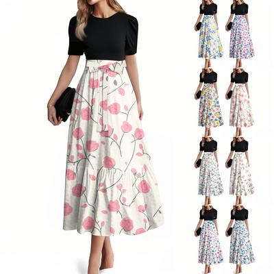 Women's Fashion Casual Belt Short Sleeve Round Neck Stitching Elegant Temperament Dress