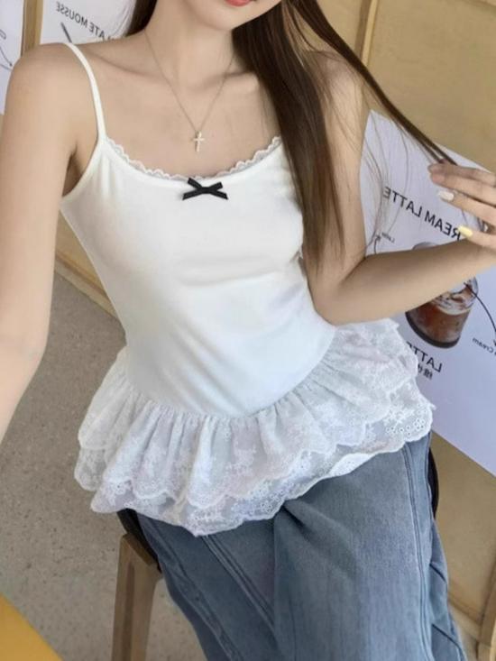 White Dopamine Bow Lace Camisole - Sweet & Spicy Slimming Top for Women