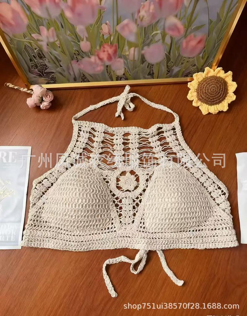 Summer new careful machine sexy backless seaside vacation neck knitted short outerwear top sling vest