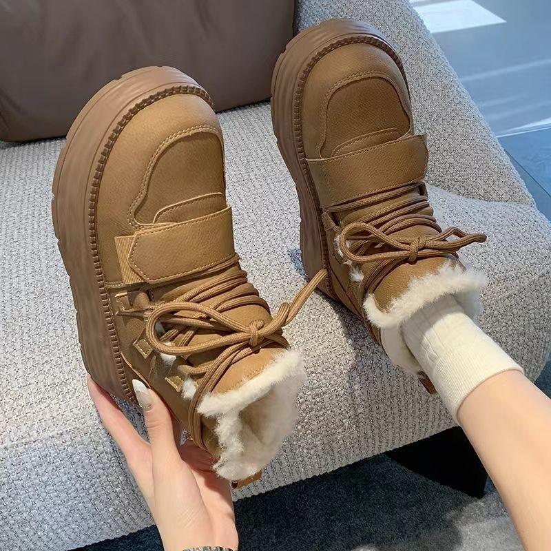 Fashion Leather Platform Lace-up Women's Snow Boots Sale Plush Warm Ladies Shoes Comfortable and Elegant Goth Lamb High Quality Booties