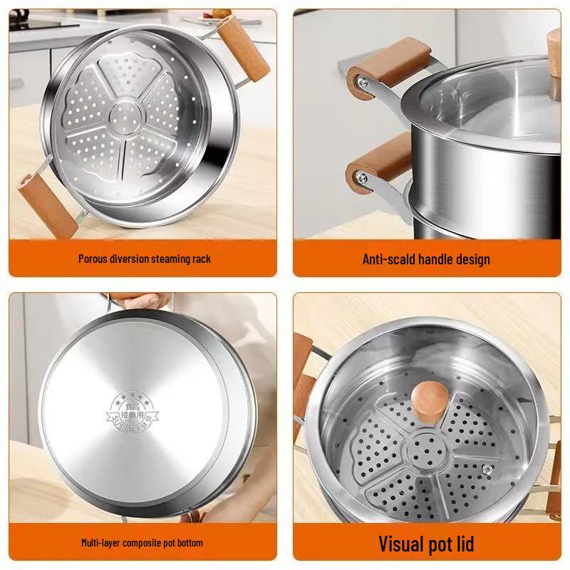 ZISIZ Thickened 304 Stainless Steel Steamer & Soup Pot