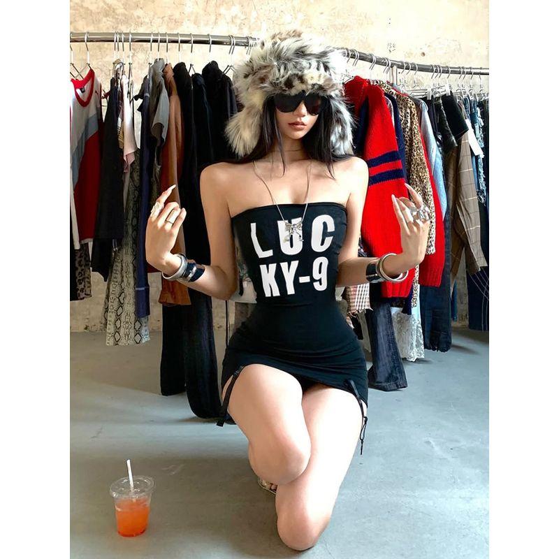 Kkx European and American Style Gyaru Pure Desire Sexy Street Letters Print Slim fit Slimming Lace-up Tube Top Sheath Dress