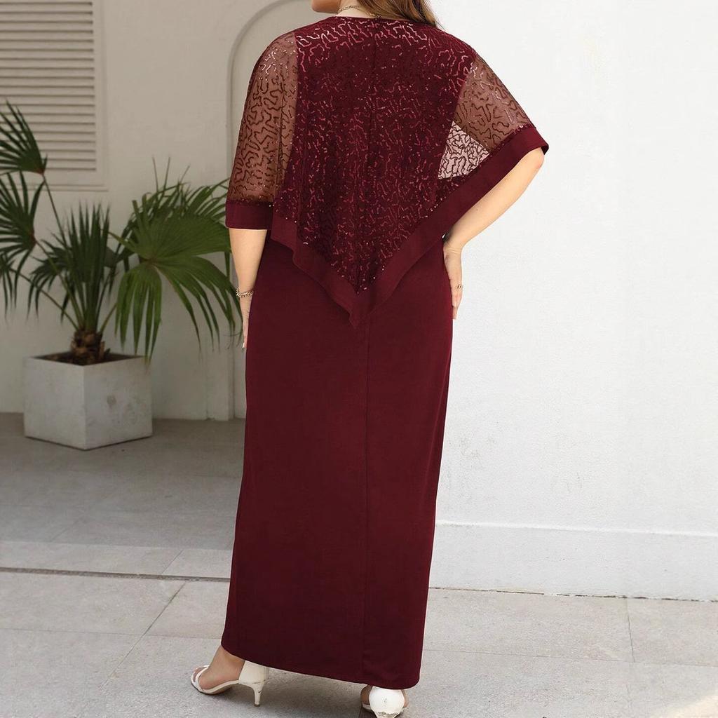 Abito Lungo in Rete Bordo Vino Manica Lunga con Dettaglio Paillettes Spacco Alto