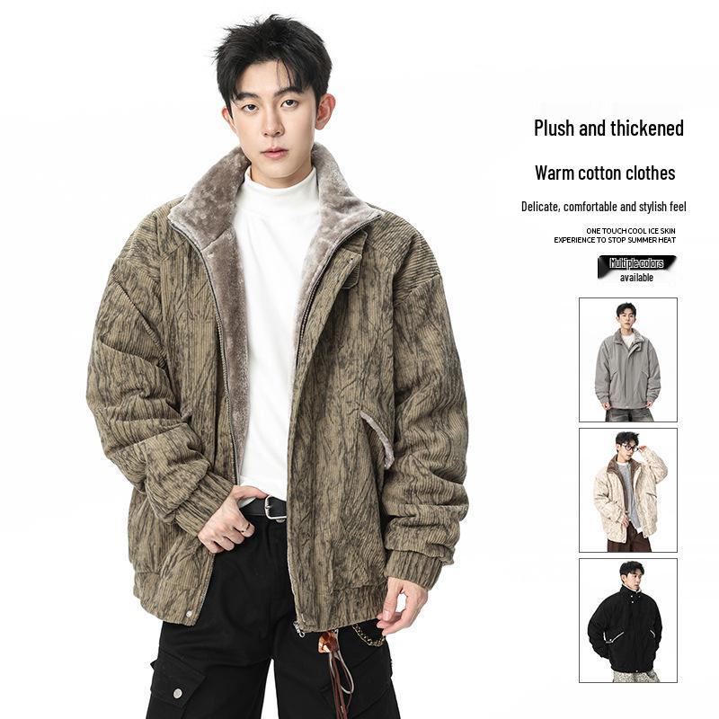 2025 Men's Japanese Retro Fur Collar Cotton Padded Jacket - Warm, Casual, Loose Fit Fashion Top for Autumn/Winter
