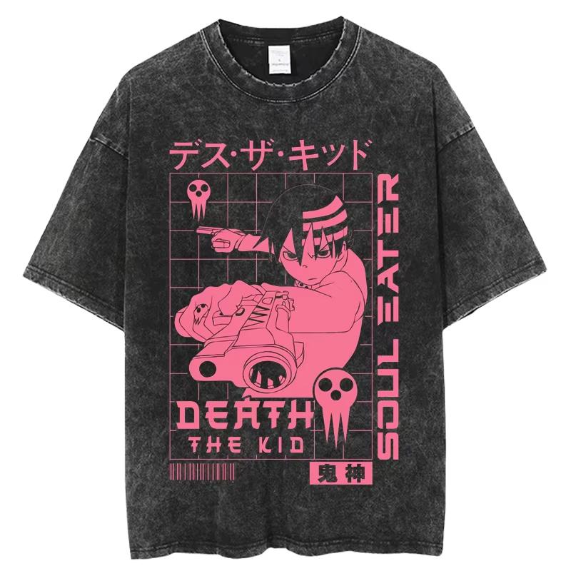 Japan Anime Soul Eater Printed T Shirt Men Washed Cotton Tshirts Casual Loose Manga Tee Harajuku Male Street Vintage T-shirt Top