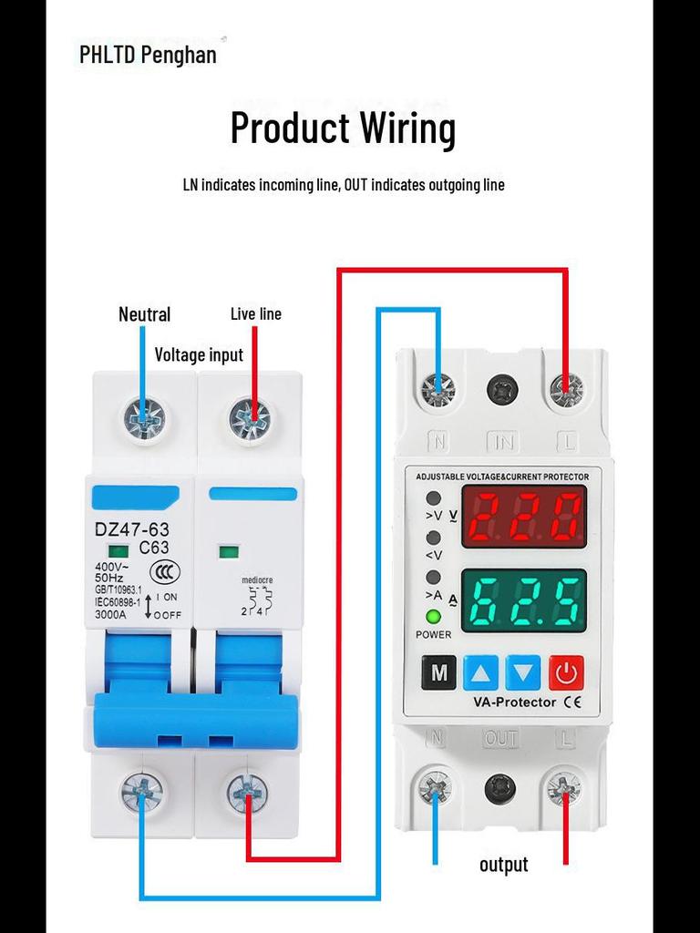 Protector de supra/subtensiune cu ecran dublu cu resetare automată, 40A/63A, 220V pentru uz casnic.