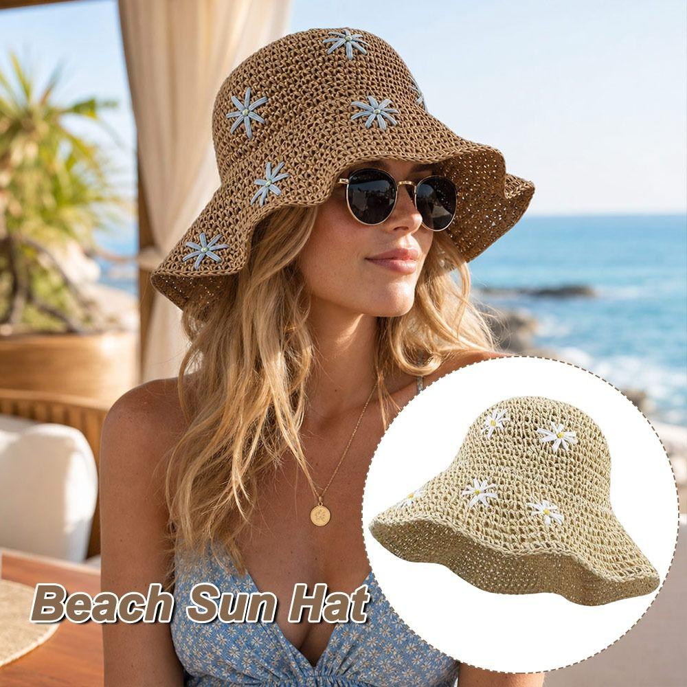 Straw Beach Sun Hat Flower Fisherman Cap Fashion Bucket Hat for Women