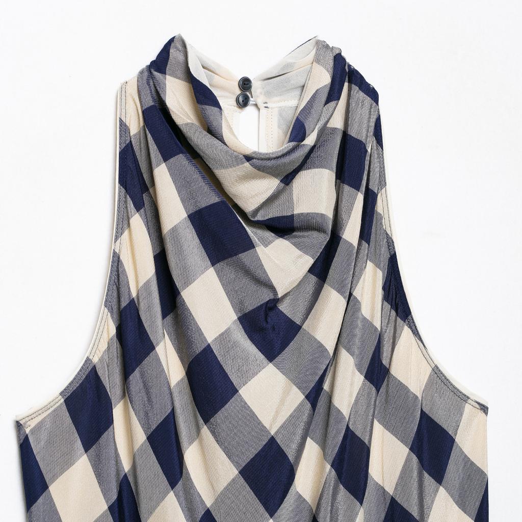 Summer New French Temperament Small Plaid Hanging Sleeveless Neck Irregular Dress