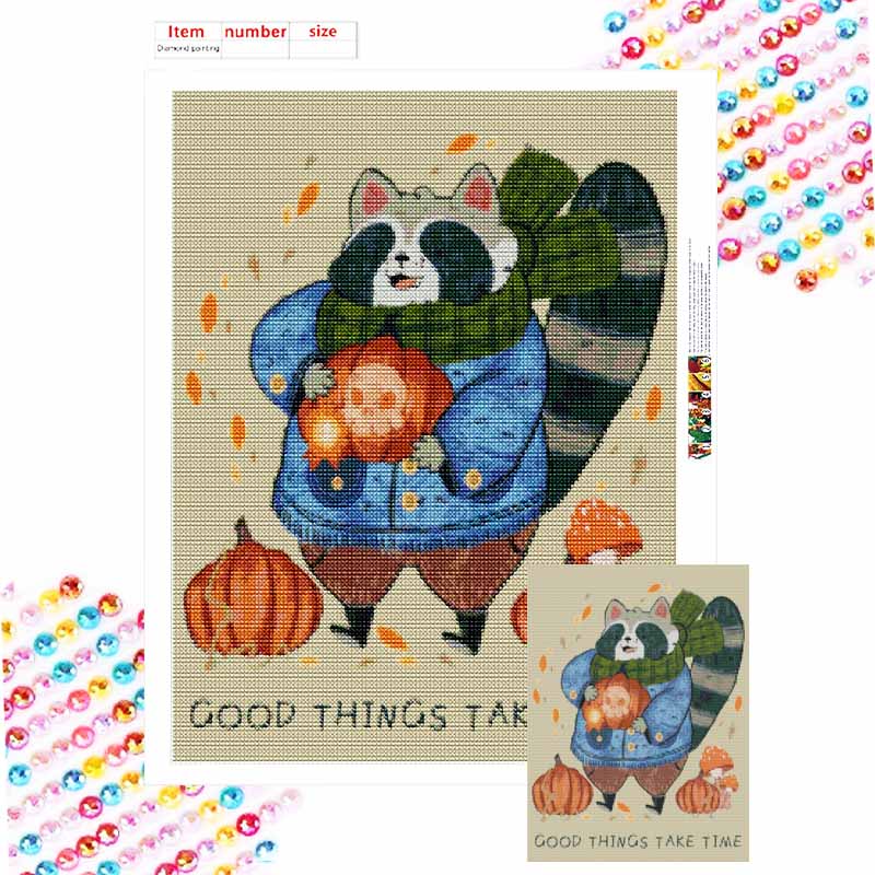 5D Full Round Drill Diamond Painting Kit Autumn Raccoon with Pumpkin Wall Art Decor