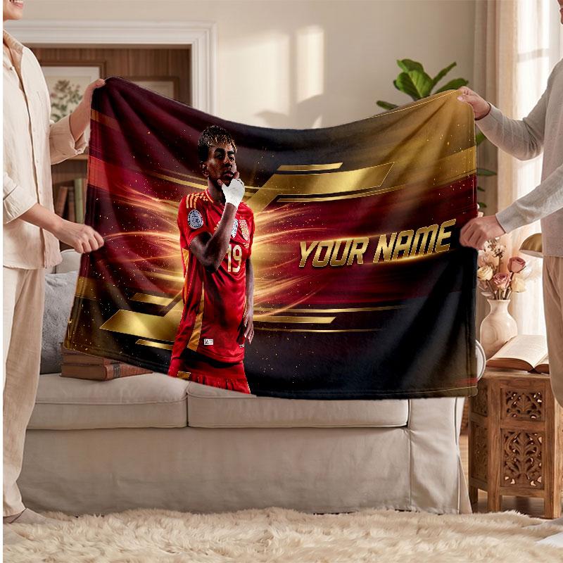 Coperta in pile personalizzata Lamine Yamal con logo del calcio, testo con nome personalizzato, morbida, calda, coperta da divano per la casa