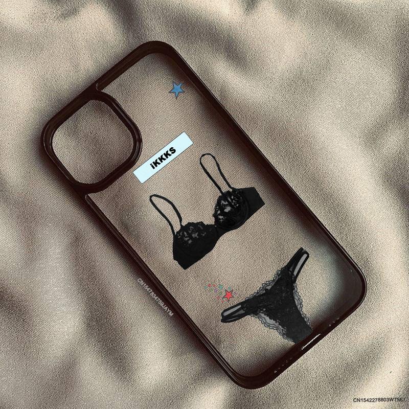 Fashion Sexy Black Lace Bra Pattern Phone Case For iPhone 16 17 Pro 15 14 13 12 11 XR XS Max 7 8Plus Underwear Clear Hard Cover