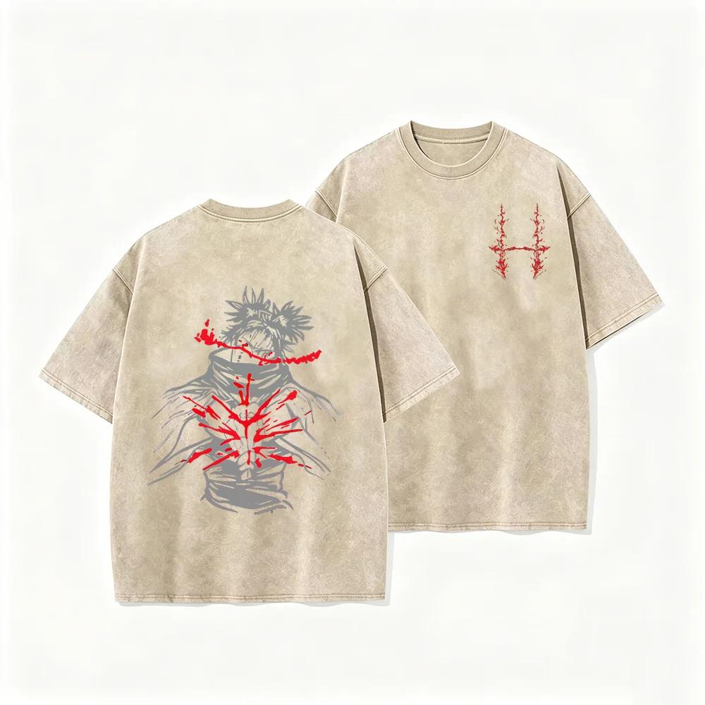 2026 Vintage Washed Black Abstract Skull Figure Graphic T Shirt Retro Dark Horror Print Oversized Casual Short Sleeve Tee
