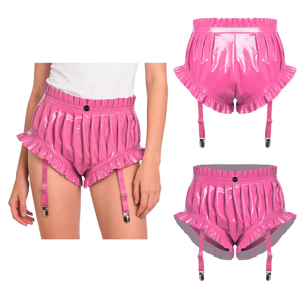 Women's Wet Look PU Leather Briefs S-3XL: Ruffled Trim Ruched Bloomer Shorts with Garter Clips Glossy Nightwear for Nightclub Rave Party