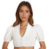 Women's Casual Fashion Crop Shirt V Neck Button Front Puff Sleeve Short Top Elastic Hem Blouse