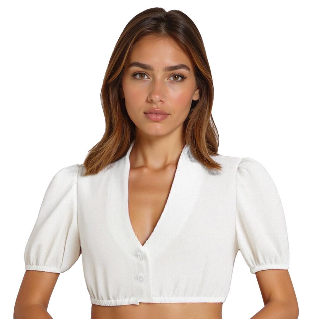 Women's Casual Fashion Crop Shirt V Neck Button Front Puff Sleeve Short Top Elastic Hem Blouse