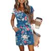 Women's Summer V-Neck Short Sleeved Drawstring With Pocket Floral Print Casual Dress