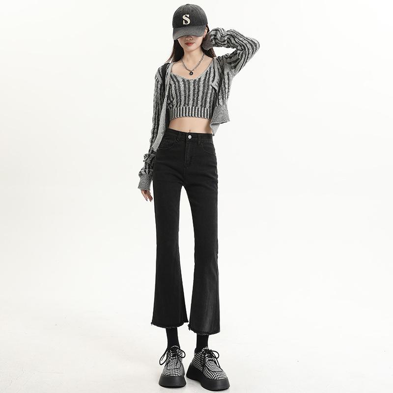 Retro blue denim micro-pull pants women's winter new versatile characteristic rough edge pants flared pants