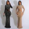 Women's Solid Color Mesh Rhinestone Long Skirt Dress