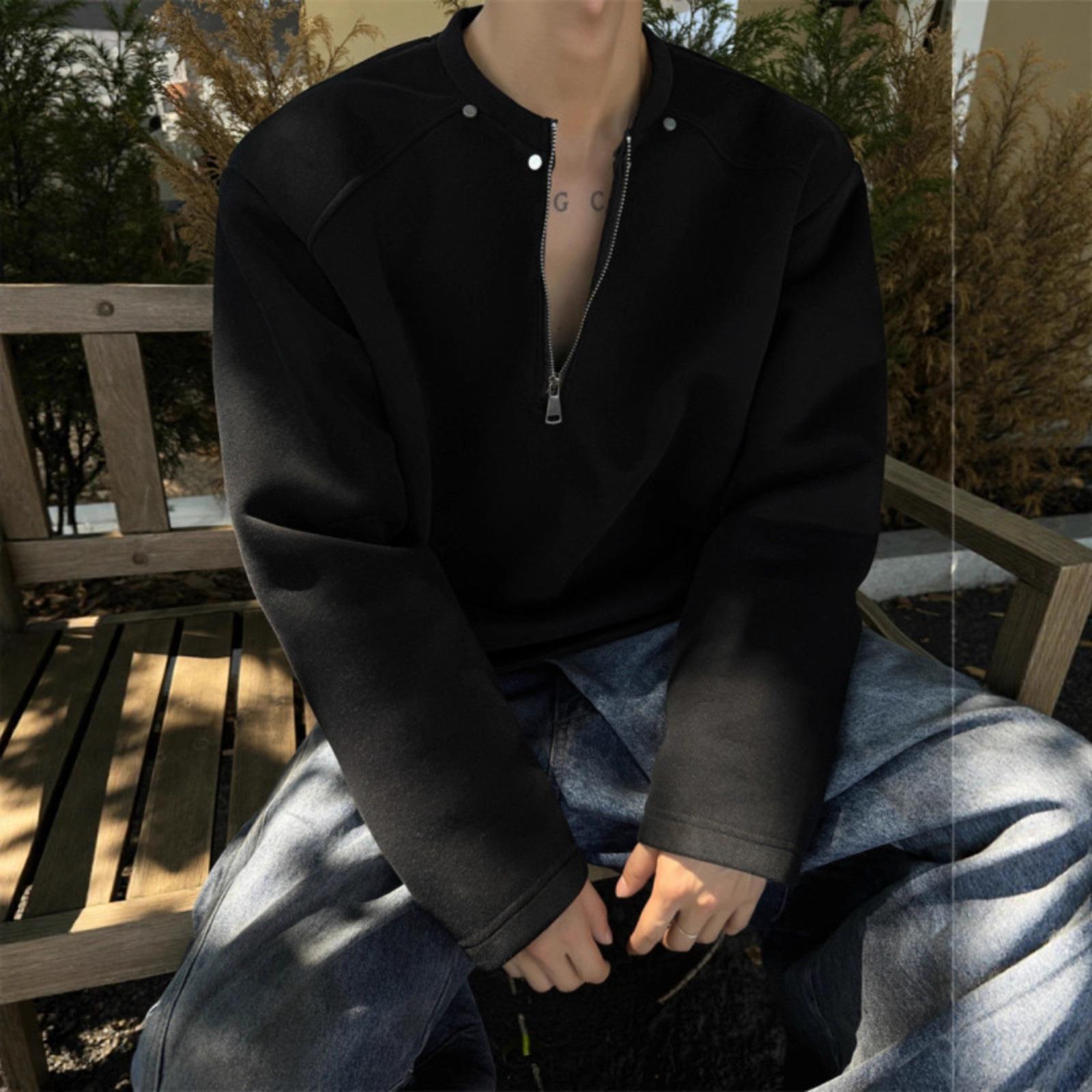 

Свитер с короткой линией плеча на молнии до середины для мужчин, осенний, американский, свободный, повседневный, с длинным рукавом XXXL чёрный