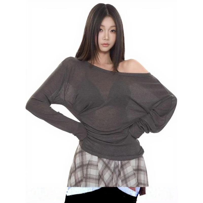 Sexy Thin See Through Long Sleeve Oversize T Shirt Women Bandage Off Shoulder Female Basic Long Tees Korean Chic Lady