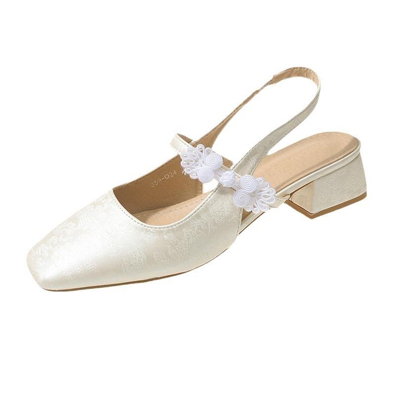 Sommer neue Dicke Ferse sanftes Temperament eckiger Kopf mittlerer Absatz Sandalen Damen flacher Mund Druck Tasche Kopf Sandalen