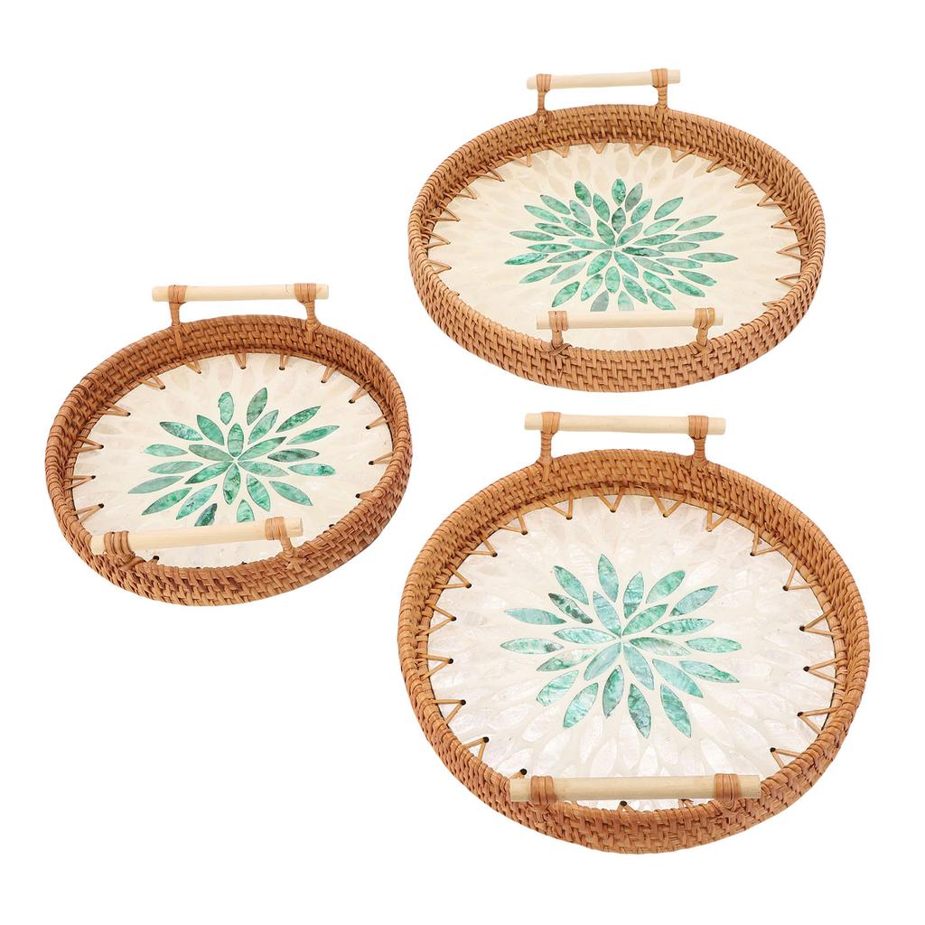 3 Pcs Rattan Tray Round Decorative Rattan Woven Serving Basket with Handles for Living Room
