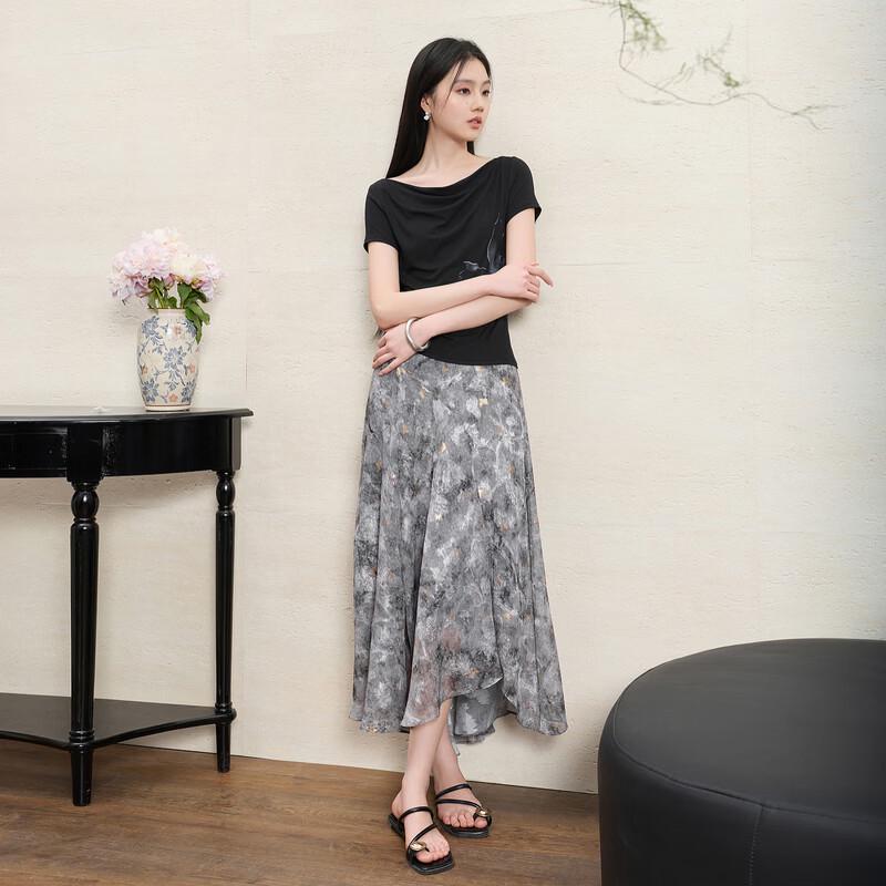 Sancai Neo-Chinese Style Floral Jacquard A-Line Midi Skirt