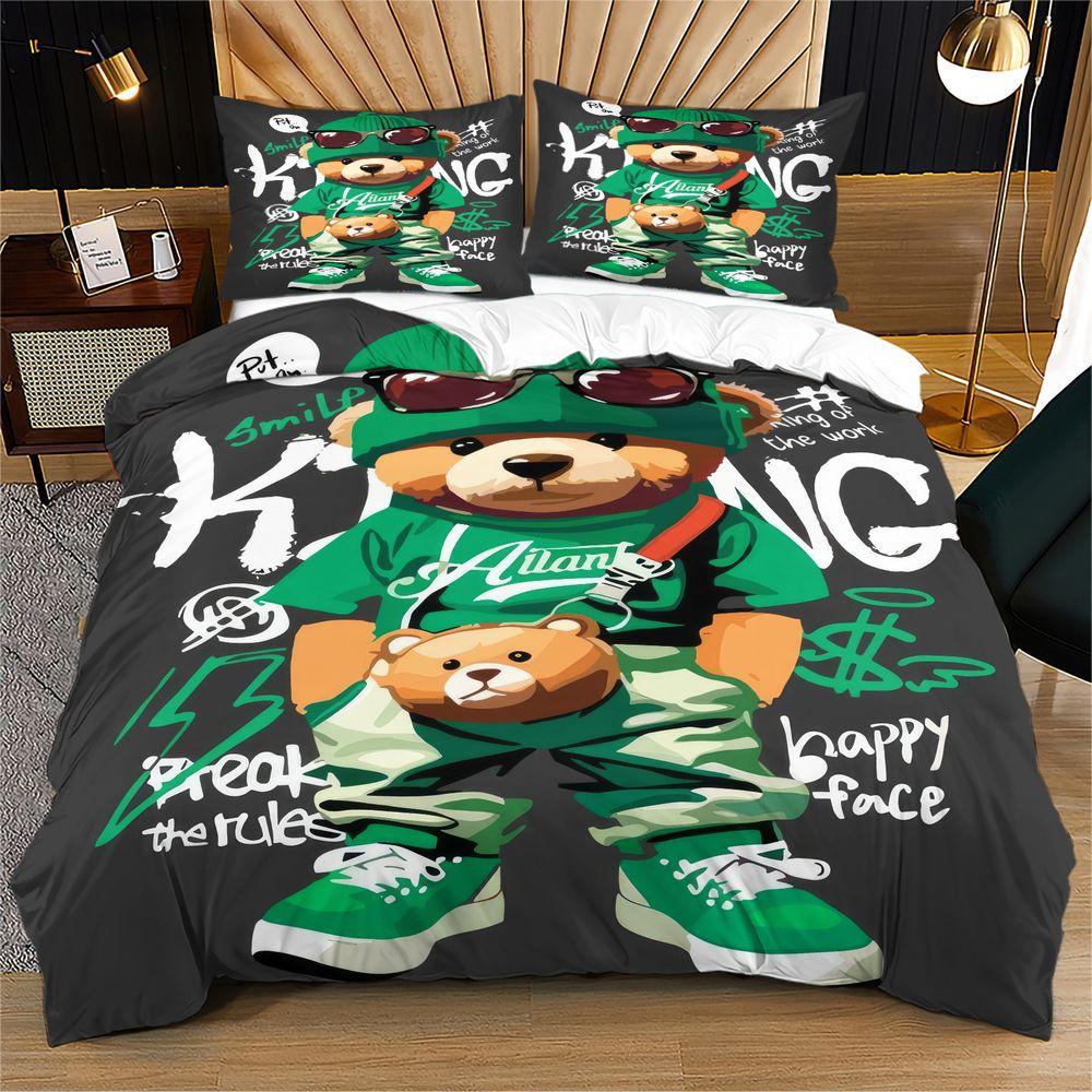 Hip Hop Bear Duvet Cover Set Green Graffiti Print Bedding Set Microfiber Digital Printed Comforter Cover Bedroom Decor 135x200cm